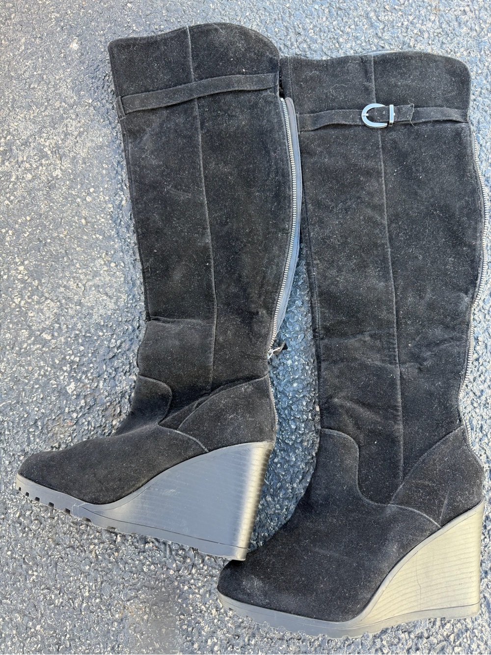 JustFab Black Suede Wedge Knee-High Boots